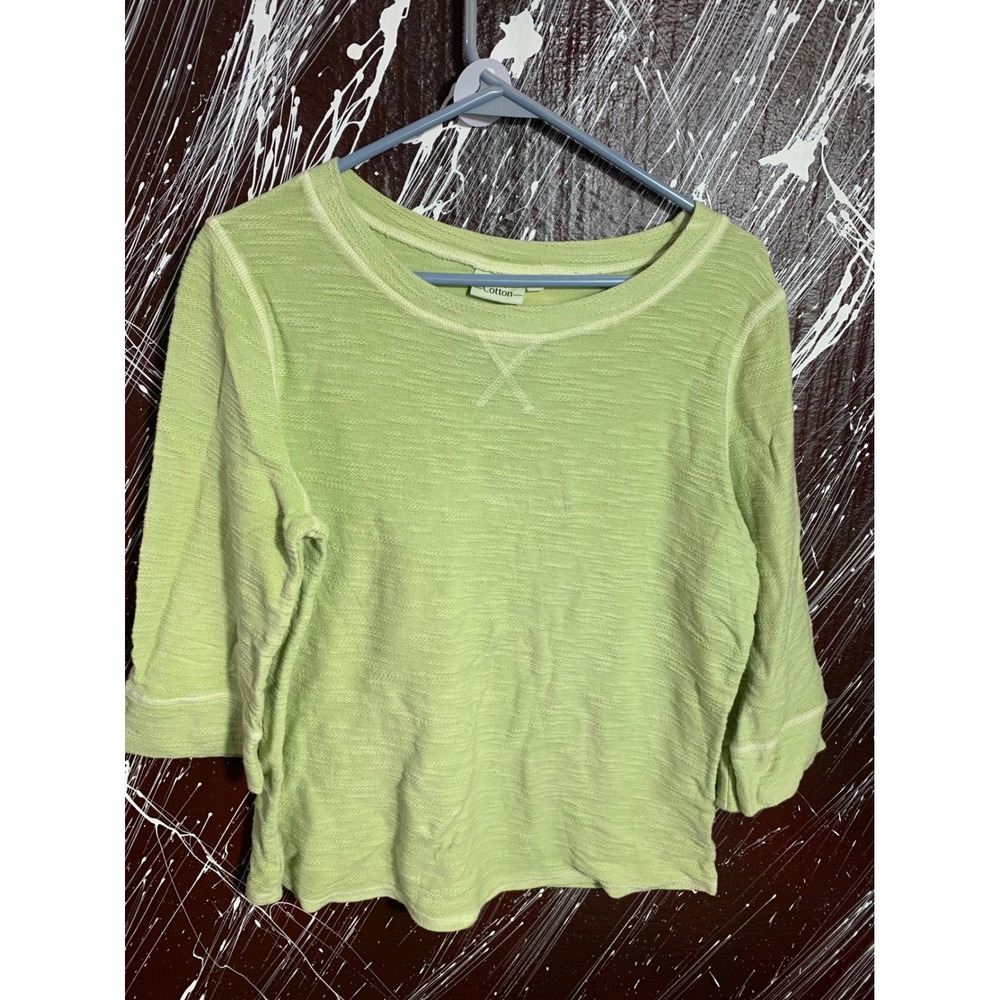 Hot Cotton Womens Lime Green Textured Slub Knit 3/4 Sleeve Crewneck Top Medium